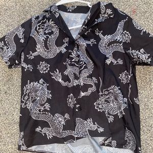 Dragon print black button up collared shirt